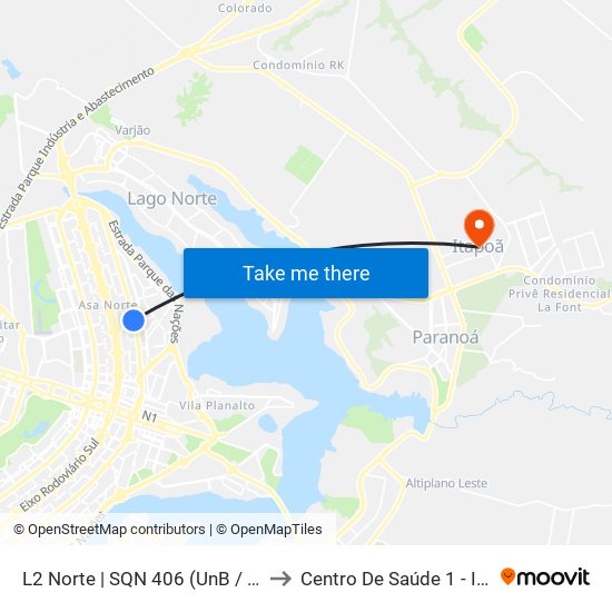 L2 Norte | SQN 406 (UnB / CEAN) to Centro De Saúde 1 - Itapoã map
