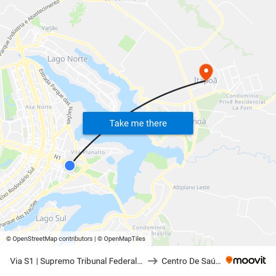 Via S1 | Supremo Tribunal Federal / Praça dos Três Poderes to Centro De Saúde 1 - Itapoã map