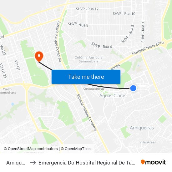 Arniqueiras to Emergência Do Hospital Regional De Taguatinga - Hrt map