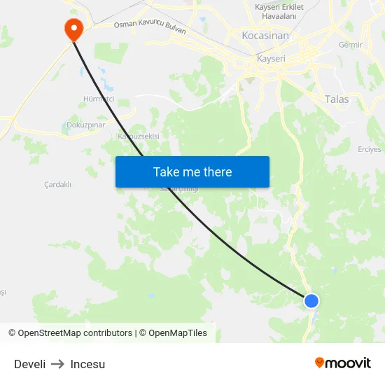 Develi to Incesu map