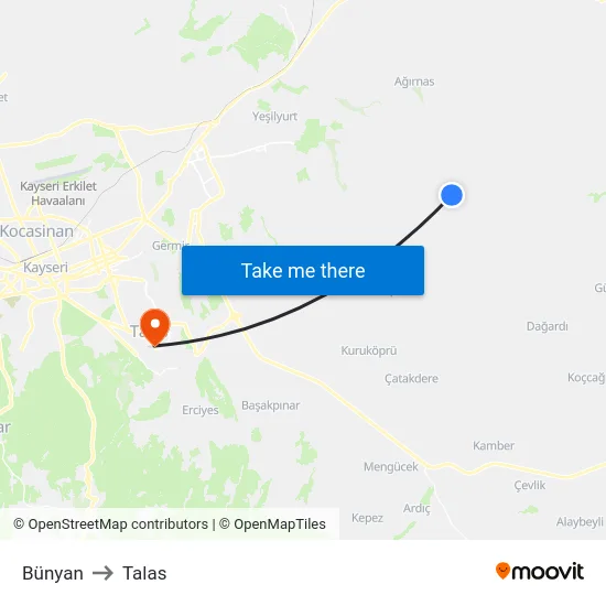 Bünyan to Talas map