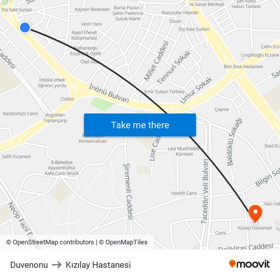 Duvenonu to Kızılay Hastanesi map
