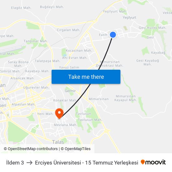 İldem 3 to Erciyes Üniversitesi - 15 Temmuz Yerleşkesi map