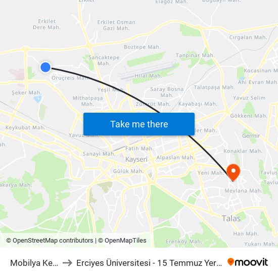 Mobilya Kent2 to Erciyes Üniversitesi - 15 Temmuz Yerleşkesi map