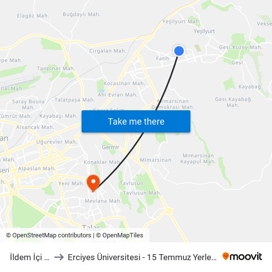 İldem İçi 11 to Erciyes Üniversitesi - 15 Temmuz Yerleşkesi map