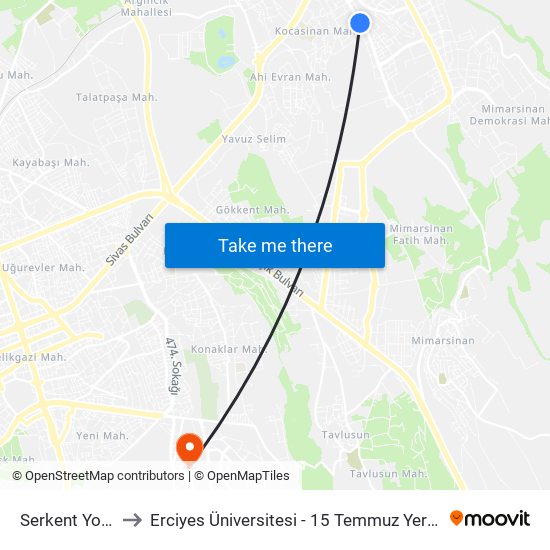 Serkent Yolu 4 to Erciyes Üniversitesi - 15 Temmuz Yerleşkesi map