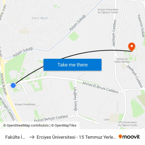 Fakülte İçi 3 to Erciyes Üniversitesi - 15 Temmuz Yerleşkesi map