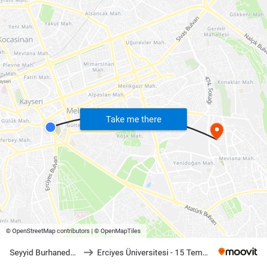 Seyyid Burhaneddin 3 (57) to Erciyes Üniversitesi - 15 Temmuz Yerleşkesi map