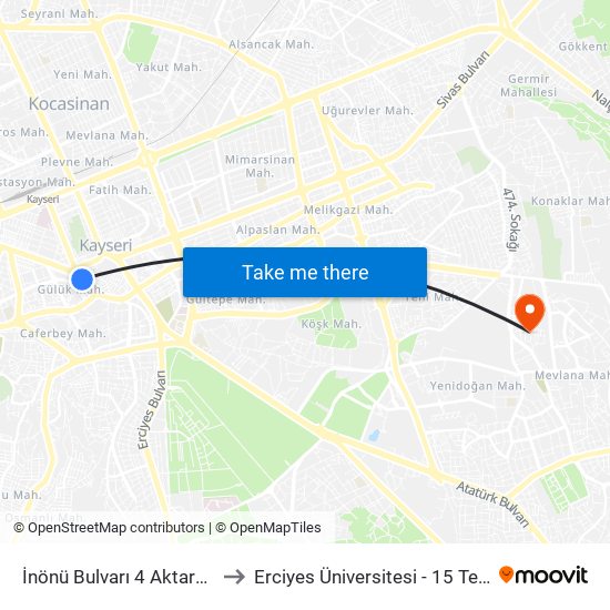 İnönü Bulvarı 4 Aktarma Durağı (10) to Erciyes Üniversitesi - 15 Temmuz Yerleşkesi map