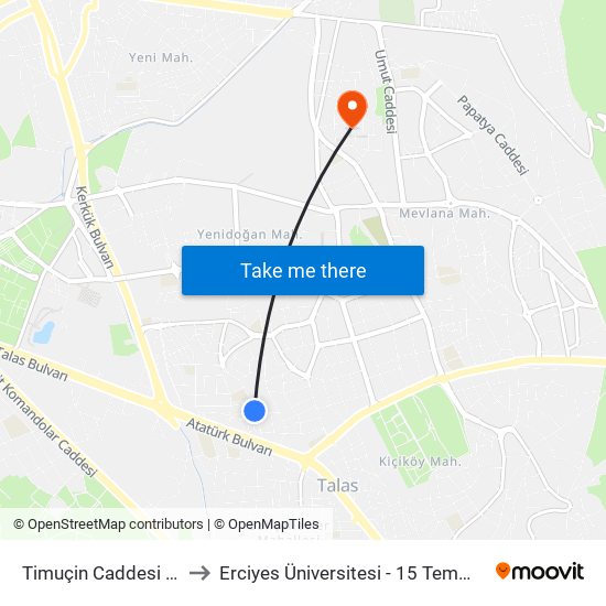 Timuçin Caddesi 4 (1836) to Erciyes Üniversitesi - 15 Temmuz Yerleşkesi map