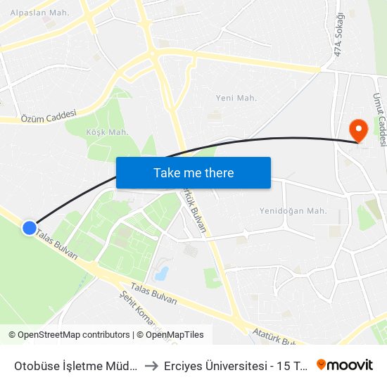 Otobüse İşletme Müdürlüğü 11 (602) to Erciyes Üniversitesi - 15 Temmuz Yerleşkesi map