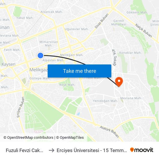 Fuzuli Fevzi Cakmak P.T.T to Erciyes Üniversitesi - 15 Temmuz Yerleşkesi map