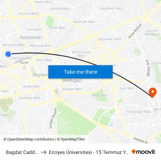 Bagdat Caddesi 1 to Erciyes Üniversitesi - 15 Temmuz Yerleşkesi map