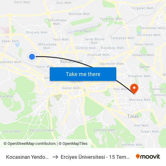 Kocasinan Yendogan Girisi to Erciyes Üniversitesi - 15 Temmuz Yerleşkesi map
