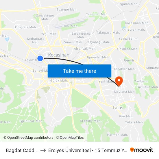 Bagdat Caddesi 5 to Erciyes Üniversitesi - 15 Temmuz Yerleşkesi map