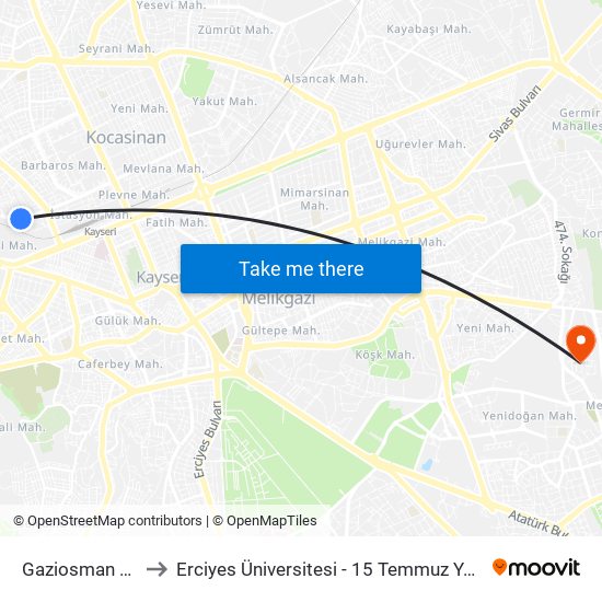 Gaziosman Giris to Erciyes Üniversitesi - 15 Temmuz Yerleşkesi map