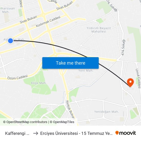 Kafferengi Cafe to Erciyes Üniversitesi - 15 Temmuz Yerleşkesi map