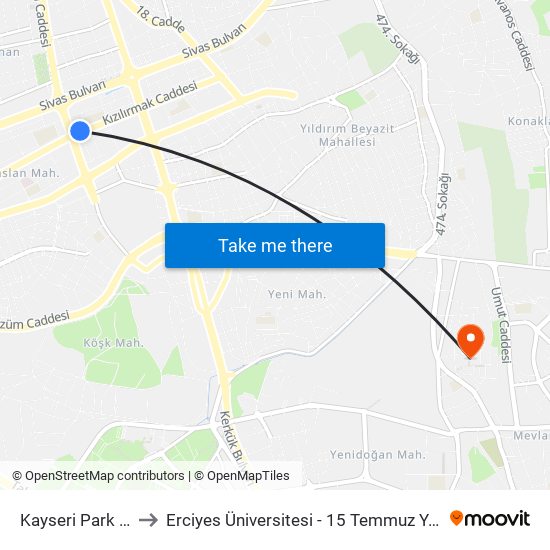 Kayseri Park Avm to Erciyes Üniversitesi - 15 Temmuz Yerleşkesi map