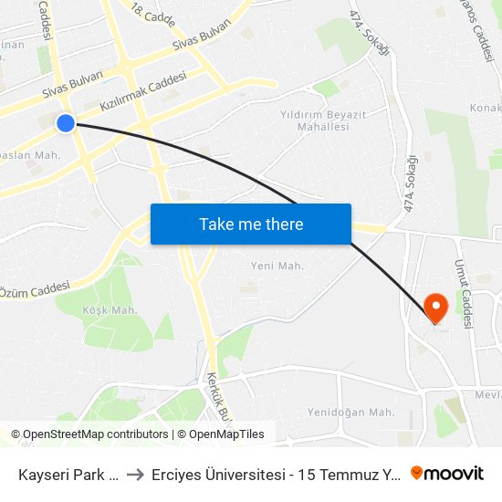 Kayseri Park Avm to Erciyes Üniversitesi - 15 Temmuz Yerleşkesi map