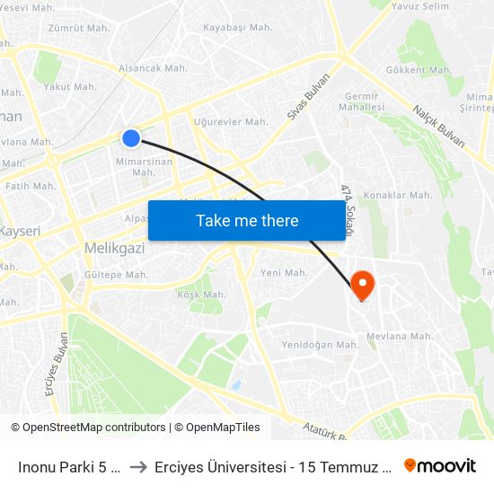 Inonu Parki 5 Tekel to Erciyes Üniversitesi - 15 Temmuz Yerleşkesi map