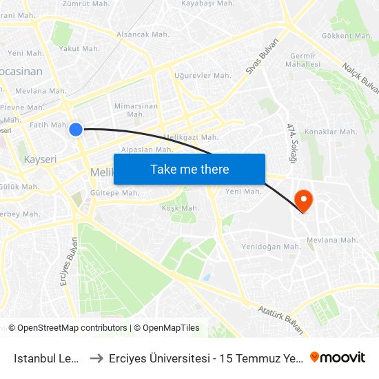 Istanbul Leblebi to Erciyes Üniversitesi - 15 Temmuz Yerleşkesi map