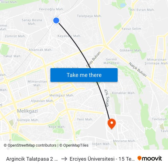 Argincik Talatpasa 2 Kayabasi Giris to Erciyes Üniversitesi - 15 Temmuz Yerleşkesi map