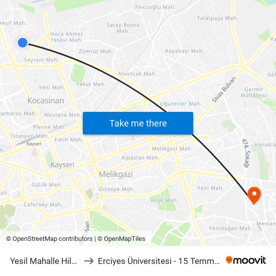 Yesil Mahalle Hilal Mah.2 to Erciyes Üniversitesi - 15 Temmuz Yerleşkesi map