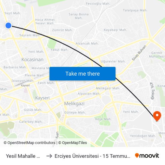 Yesil Mahalle Meydan to Erciyes Üniversitesi - 15 Temmuz Yerleşkesi map