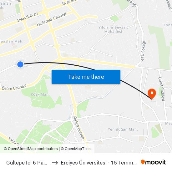 Gultepe Ici 6 Papatya St. to Erciyes Üniversitesi - 15 Temmuz Yerleşkesi map