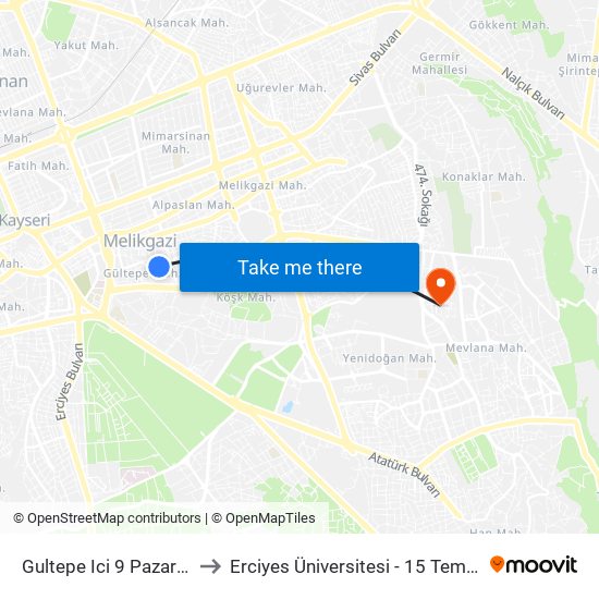 Gultepe Ici 9 Pazar Yeri Durak to Erciyes Üniversitesi - 15 Temmuz Yerleşkesi map