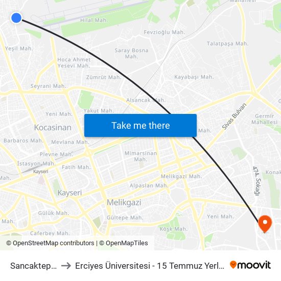 Sancaktepe 3 to Erciyes Üniversitesi - 15 Temmuz Yerleşkesi map