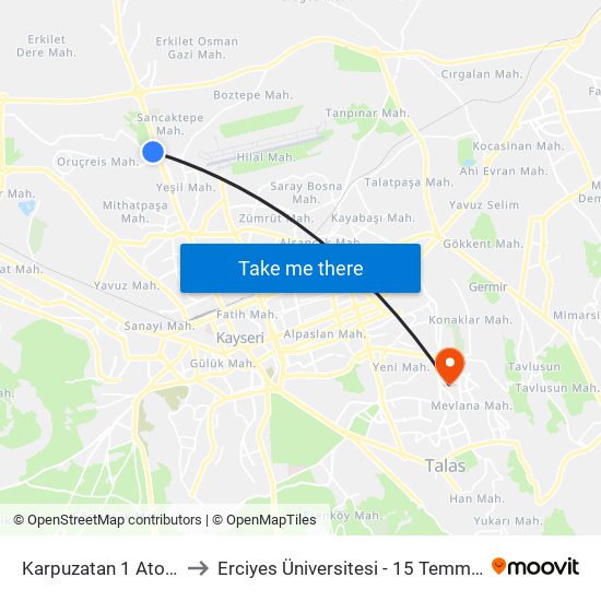 Karpuzatan 1 Atolye Girisi to Erciyes Üniversitesi - 15 Temmuz Yerleşkesi map