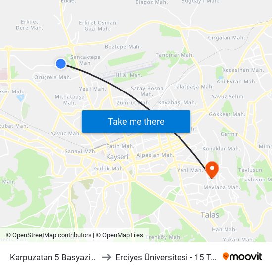 Karpuzatan 5 Basyazicioglu Pastirma to Erciyes Üniversitesi - 15 Temmuz Yerleşkesi map
