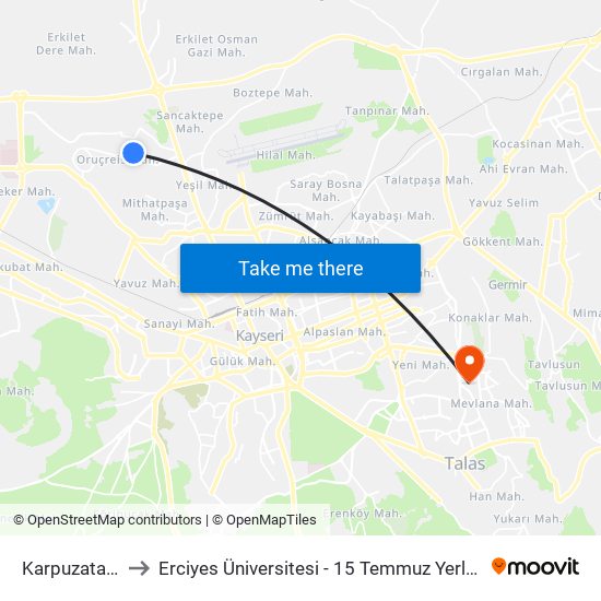 Karpuzatan 7 to Erciyes Üniversitesi - 15 Temmuz Yerleşkesi map