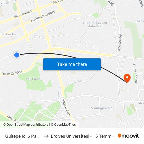 Gultepe Ici 6 Papatya St. to Erciyes Üniversitesi - 15 Temmuz Yerleşkesi map