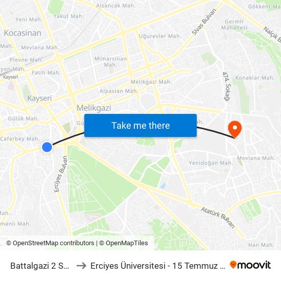 Battalgazi 2 Sahmar to Erciyes Üniversitesi - 15 Temmuz Yerleşkesi map