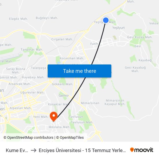 Kume Evler to Erciyes Üniversitesi - 15 Temmuz Yerleşkesi map