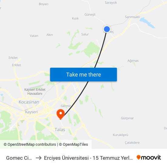 Gomec Cikisi to Erciyes Üniversitesi - 15 Temmuz Yerleşkesi map