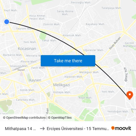 Mithatpasa 14 Meydan to Erciyes Üniversitesi - 15 Temmuz Yerleşkesi map