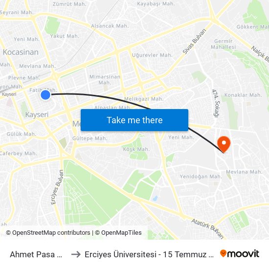 Ahmet Pasa Cad. 1 to Erciyes Üniversitesi - 15 Temmuz Yerleşkesi map