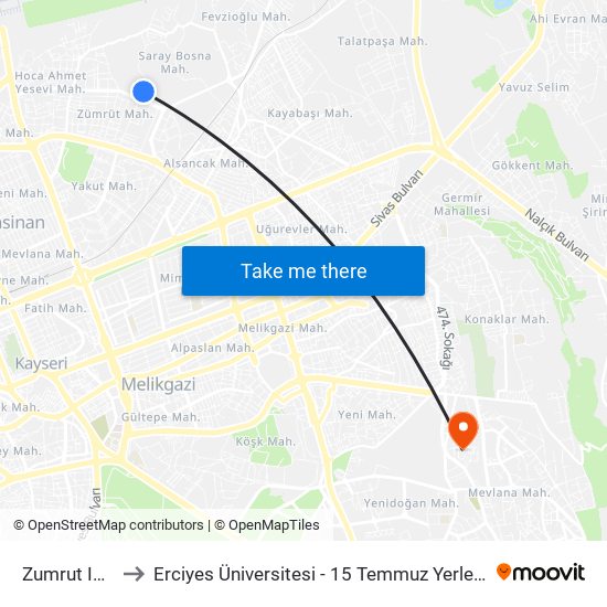 Zumrut Ici 6 to Erciyes Üniversitesi - 15 Temmuz Yerleşkesi map