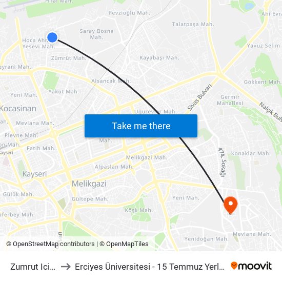 Zumrut Ici 13 to Erciyes Üniversitesi - 15 Temmuz Yerleşkesi map