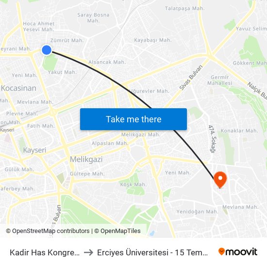 Kadir Has Kongre Merkezi to Erciyes Üniversitesi - 15 Temmuz Yerleşkesi map
