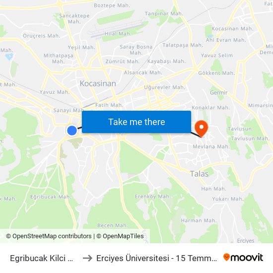 Egribucak Kilci Market 2 to Erciyes Üniversitesi - 15 Temmuz Yerleşkesi map