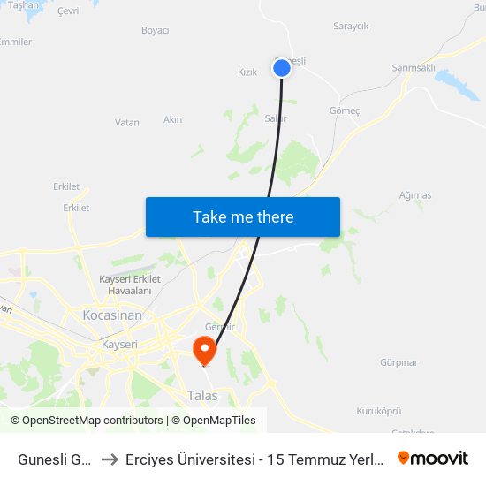 Gunesli Giris to Erciyes Üniversitesi - 15 Temmuz Yerleşkesi map
