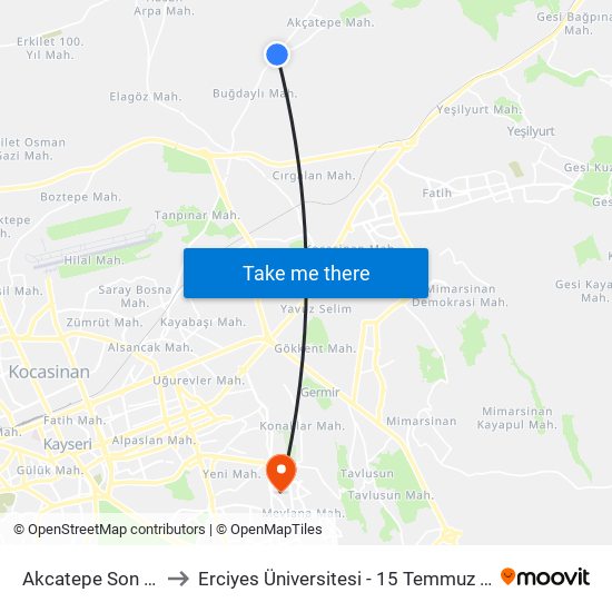 Akcatepe Son Durak to Erciyes Üniversitesi - 15 Temmuz Yerleşkesi map