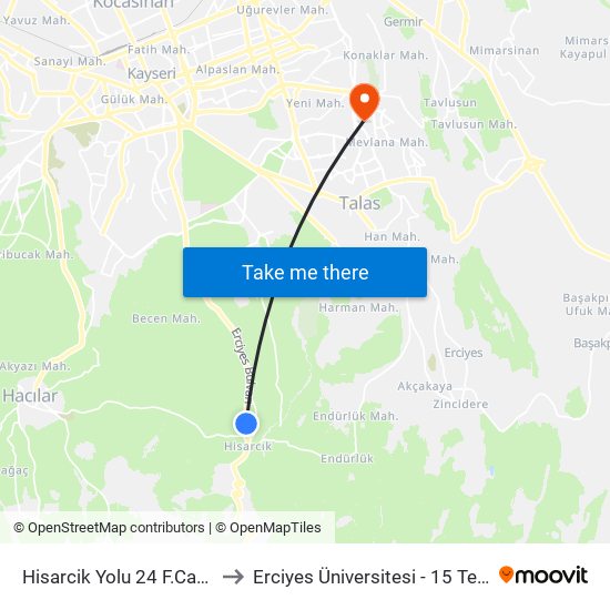 Hisarcik Yolu 24 F.Cakmak Ilk.Okulu to Erciyes Üniversitesi - 15 Temmuz Yerleşkesi map