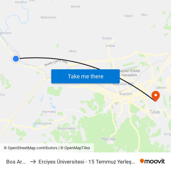 Bos Arazi to Erciyes Üniversitesi - 15 Temmuz Yerleşkesi map