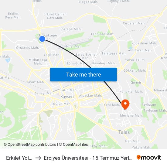 Erkilet Yolu 2 to Erciyes Üniversitesi - 15 Temmuz Yerleşkesi map