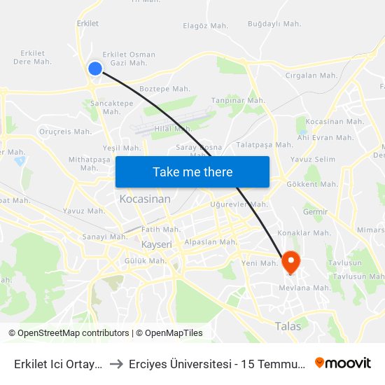 Erkilet Ici Ortayol Ici 2 to Erciyes Üniversitesi - 15 Temmuz Yerleşkesi map